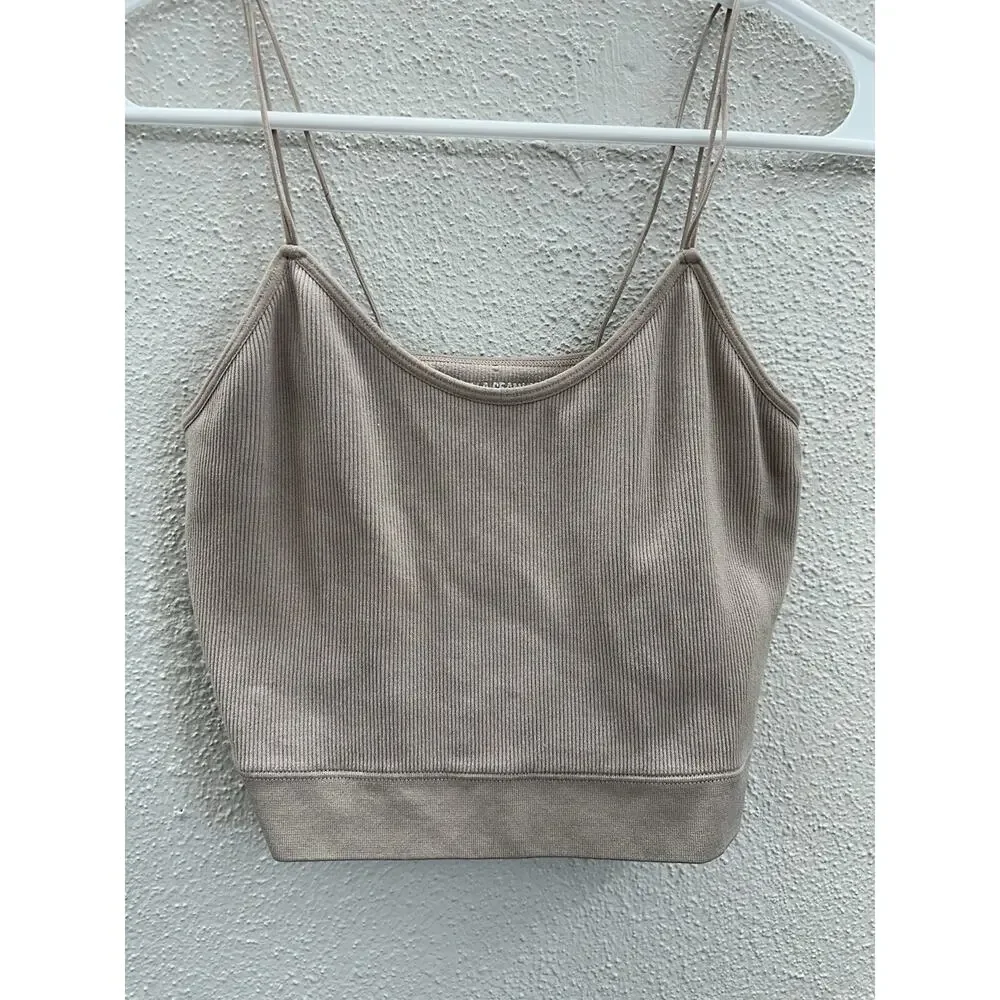 Bella Seamless Womens Crop Top Size Large Tan Ribbed - Picture 2 of 8